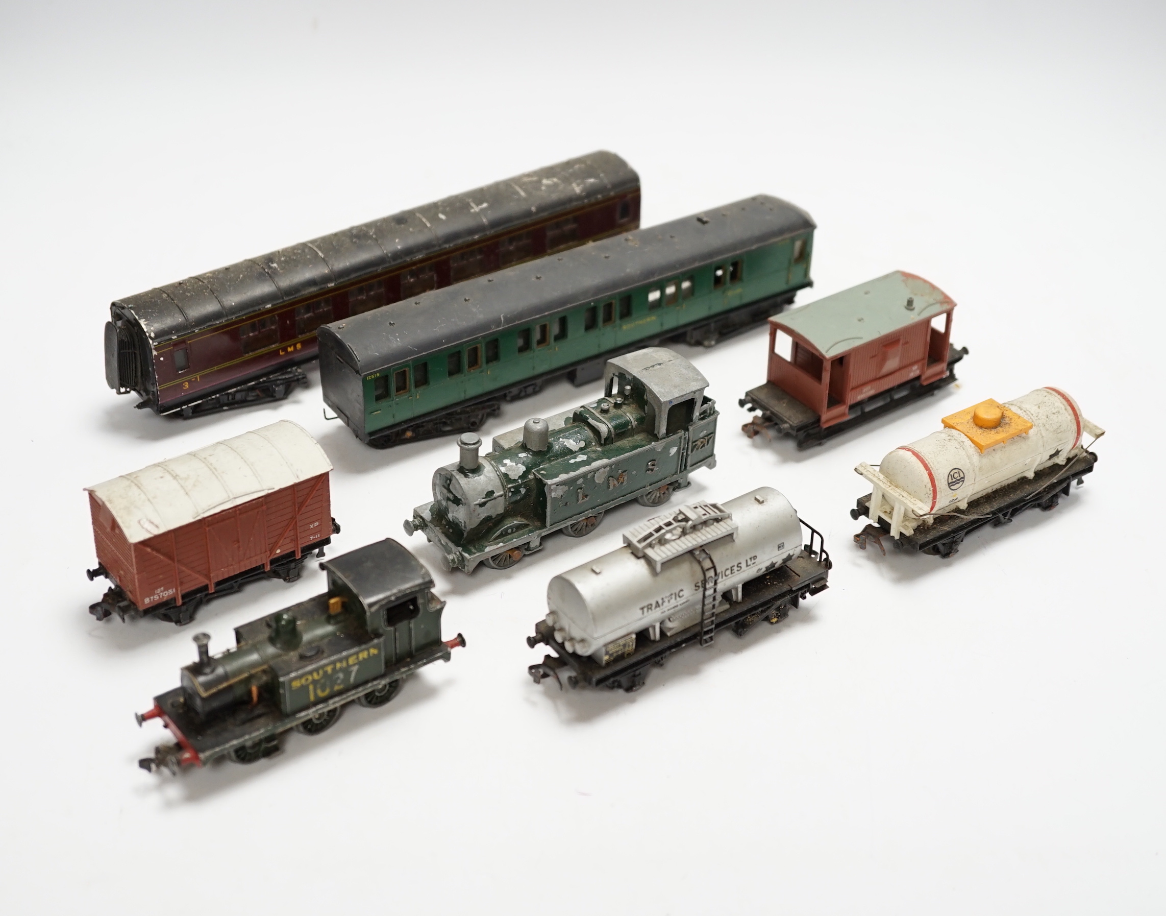 A collection of 00 gauge model, railway, most items, kit built, including two locomotives; a Stroudley terrier, an Adams G6 class, together with a Graham Farish GWR Prairie tank, and a number of Southern Railway coaches